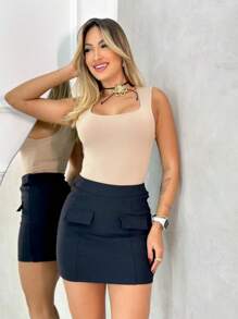 Square Neck Bodysuit Polyamide Blouse Suplex Straps Bori Women's Bodysuit Bory Leotard Tank Top Thick Straps Square Neckline Basic Casual Day Night Work Party - Màu be - Xem 3