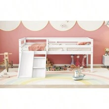 Twin Low Loft Bed With Slide, Ladder, Safety Guardrails, No Box Spring Needed, White