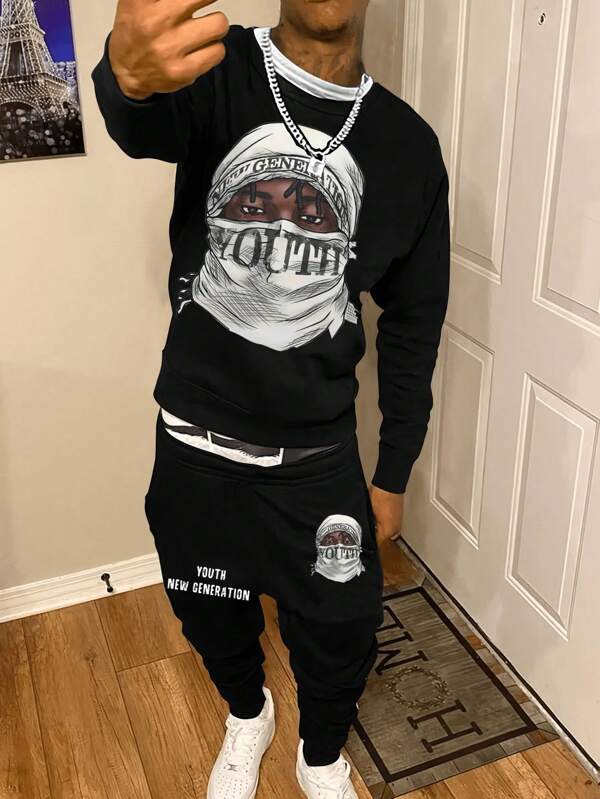 Men's Sweatshirt And Casual Pants Set, Printed Design Sweatshirt, Versatile Style
