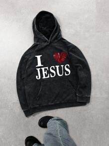 Men's Vintage Letter & Jesus Heart Print Pocket Drop Shoulder Hooded Sweatshirt, Spring & Autumn, Long Sleeve Top - Black - View 1