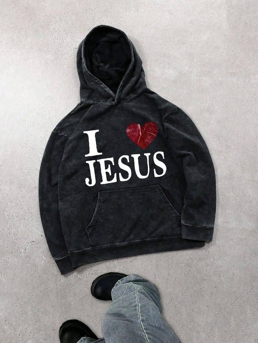 Men's Vintage Letter & Jesus Heart Print Pocket Drop Shoulder Hooded Sweatshirt, Spring & Autumn, Long Sleeve Top - Black - View 1