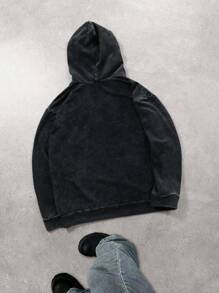 Men's Vintage Letter & Jesus Heart Print Pocket Drop Shoulder Hooded Sweatshirt, Spring & Autumn, Long Sleeve Top - Black - View 2