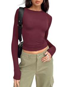 Women Round Neck Long Sleeve Solid Color Slim Fit Pullover T-Shirt, Spring/Summer - Burgundy - View 1