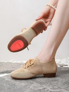 系带编织红鞋，2厘米低跟，软底，女式拉丁/芭蕾/户外运动鞋，适合萨尔萨舞、探戈舞、华尔兹舞，舒适、轻便， - 駝色 - 查看 3