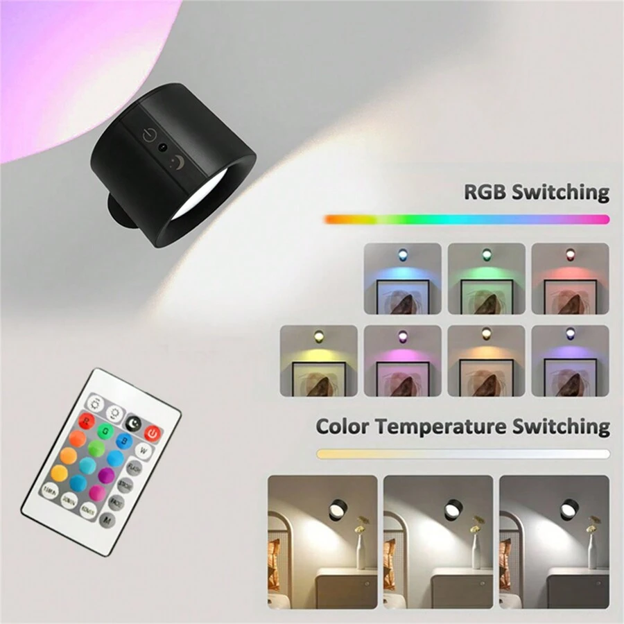 1个双面磁吸式LED壁灯，360°旋转多功能壁灯，RGB开关，双面LED橱柜灯，多色可调，触摸遥控器，USB充电，可调光，家居照明，适用于客厅、卧室、走廊、床头、阅读区、厨房、室内家居装饰、房间装饰、卧室墙面装饰，适用于圣诞节、感恩节、新年等节日