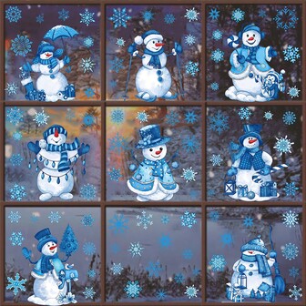 77pcs Christmas Blue Snowman Snowflake Static Window Stickers Window Glass Christmas Decoration