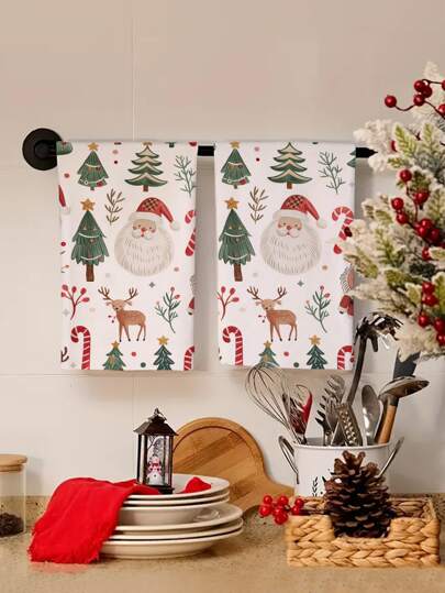 2 件圣诞老人和驯鹿厨房毛巾、浴室手巾、洗碗布、厨房装饰、餐桌装饰、冬季家居装饰、室内/室外派对、房间装饰，适合圣诞节装饰