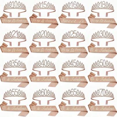 Set de 2 piezas: diadema/peine de pelo con diadema de cristal de estrás y corona de 15, 16, 18, 20, 21, 25, 30, 35, 40, 45, 50, 55, 60, 65, 70, 80 años de edad en oro rosa para mujer, decoración de cumpleaños y aniversario, faja de satén "feliz cumpleaños fabuloso", accesorios para fiesta, Navidad