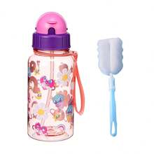 1pc 500ml Cute Cartoon Print Water Bottle With Straw For School Leak Proof & Easy Clean & Carry Handle, For Outdoor, Camping