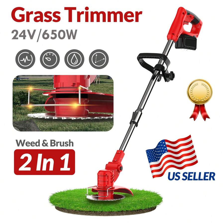 Cordless Weeds Eater Electric Brush Cutter Lawn Edger Grass String Trimmer 21V 650W Cordless Weedwacker Lawn Grass Edger Adjustable Handle String Trimmerw/Wheels + 2 * 2000mAh Battery - Đỏ Có bánh xe và 2 pin - Xem 1