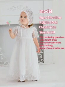Vestido blanco de bautizo para bebé niña con encaje y gorro, 0-2 años - Blanco - Ver 2