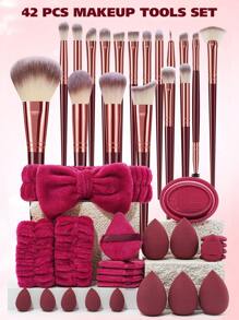 (Wine Red)15/18/20/22/25/30/32PCS Makeup Brush Set Includes Powder Brush,Highlight Brush,Nose Shadow Brush,Detail Brush,Outline Brush,Eyelash Brush,Foundation Make-Up Brush,Facial Brush,Concealer Brush,Eye Shadow Brush Set, Eyelash Curling Brush+5PCS Makeup Sponges For Liquid Makeup+5PCS Mini Makeup Sponges For Liquid Makeup+5PCS Triangle Powder Puffs For Loose Powder - 酒紅色 - 查看 19