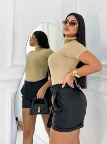 BODDY BORI 'S BODYSUIT BOOTY SHORT SLEEVE NECKLINE SUPLEX - Màu Khaki - Xem 2