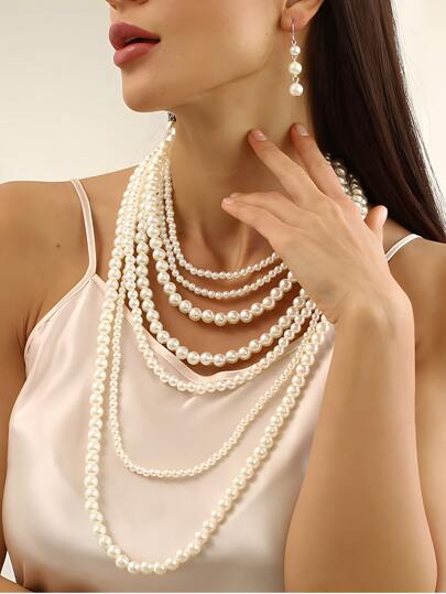 مجموعة قلادة سلسلة السترة الطويلة والأقراط متعددة الطبقات ذات اللؤلؤ الاصطناعي بطراز قديم وبسيط