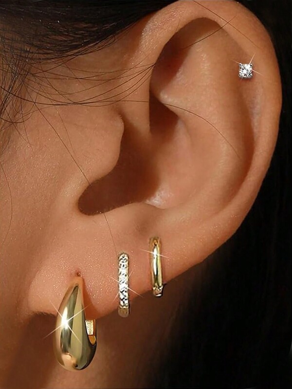 4 pares de pequeños pendientes de aro/botón dorados para mujeres, juegos de pendientes enchapados en oro de 14K para múltiples perforaciones, pendientes de aro tipo abrazo con circonita cúbica
