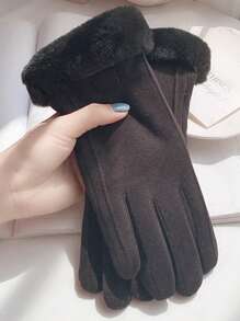 Wool Patchwork Fluffy Five-Finger Warm Thick Minimalist Gloves - Khaki + black - View 13