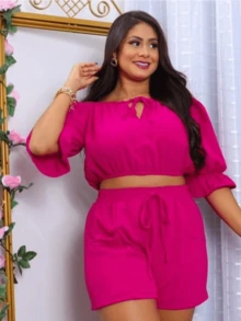 Women's Cropped Top And Short Set With Pocket, Duna Fabric One Size Fits 40 To 42 - 玫紅色 - 查看 1