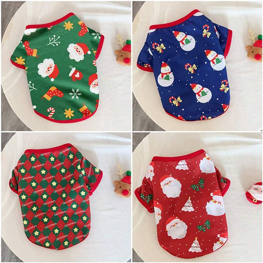 Hanorac cu tema de Crăciun pentru animale de companie, imprimeu în carouri și Moș Crăciun, mâneci scurte respirabile, potrivite pentru câini și pisici medii și mici