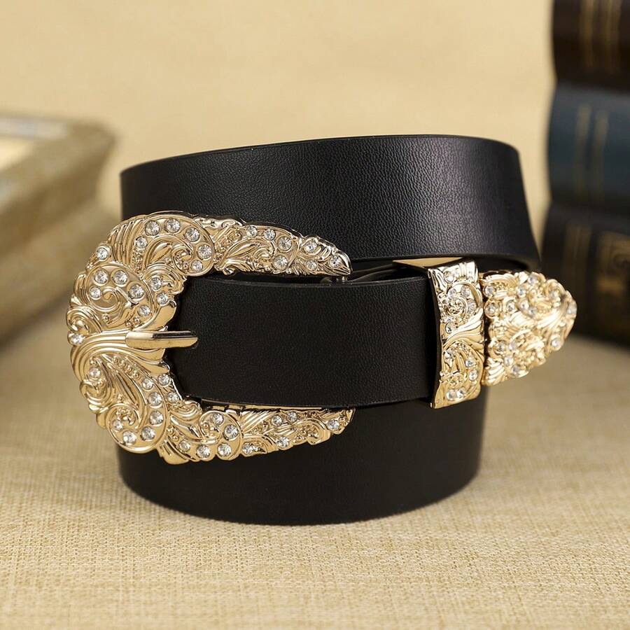 APLCSEY 1pc Women's PU Leather Belt With Gold Metal Buckle, Bohemian Style, Elegant Minimalist Fashion Accessory, Suitable For Daily Wear Summer, School Fall - Black - View 1