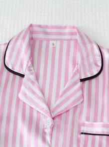 2pcs Women Satin Pajama Set, Long Sleeve Collar Top And Striped Bow Pants, Fall/Winter Loungewear, Two Pieces Set, Fall Clothes - 粉色 - 查看 3