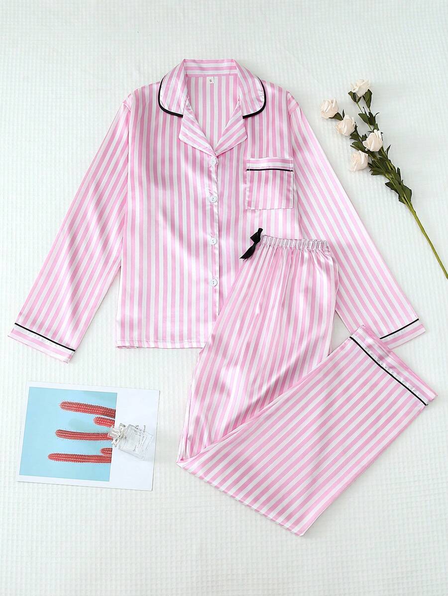 2pcs Women Satin Pajama Set, Long Sleeve Collar Top And Striped Bow Pants, Fall/Winter Loungewear, Two Pieces Set, Fall Clothes - 粉色 - 查看 1