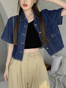复古港风翻领宽松休闲牛仔短袖外套 - 藍色 - 查看 3