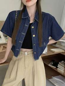 复古港风翻领宽松休闲牛仔短袖外套 - 藍色 - 查看 4