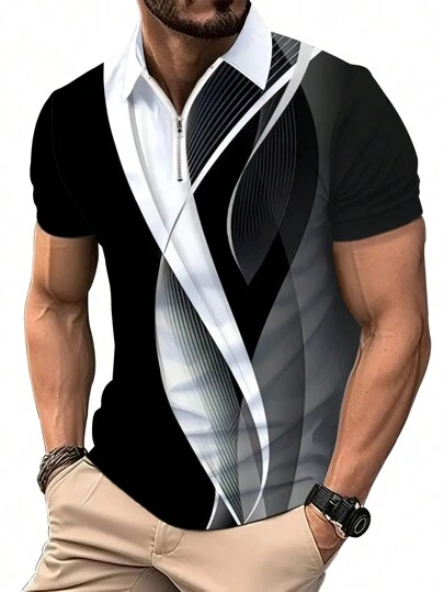 Plus Size Men's Casual 3D Spiral Pattern Polo Shirt, Summer