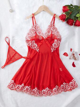 2 件半透明细肩带睡袍 - 深 V 露背，蝴蝶结细节，有弹性，纯色，针织面料，女士睡衣 - 非常适合 Koningsdag/Kings Day 庆祝活动