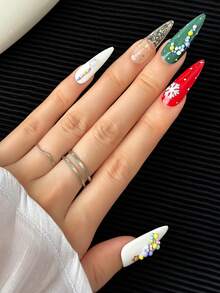 10 件/包手工细高跟指甲贴，带多色闪亮亮片绘画图案，3D 奢华美甲设计，DIY 人造闪亮假指甲，女士 - 彩色 - 查看 3