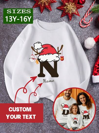 Custom Letter Name Christmas Sweatshirts With Santa Hat, Personalized Customized Text Tops, Teen Girl Christmas Sweatshirt, Personalized Christmas Sweatshirt,White Top,Fall Tops,Winter Clothes,Christmas Gifts