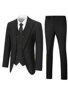 Furuyal Men's 3-Piece Suit, Elegant Solid Color Fashion Slim Fit Formal Outfit, Double-Breasted Suit Jacket With Vest And Trousers, Suitable For Business, Party, Wedding, Holiday And Other Occasions, Black, Size XS-3XL