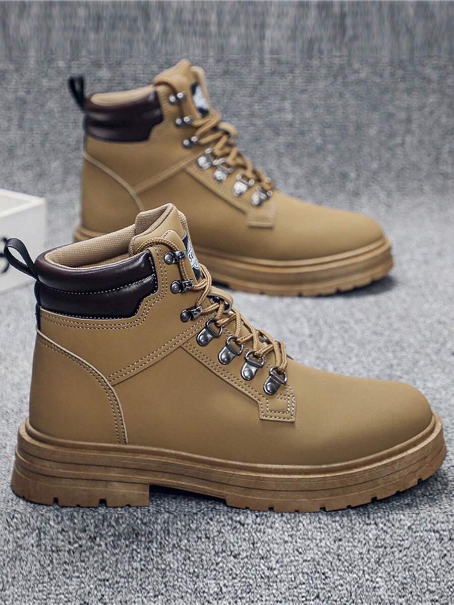 2024 Autumn/Winter New Men High-Top Leather Boots, Waterproof, Oil-Resistant, Round Toe, Lace-Up, Work Boot, Suitable For Work Site, Electric Welding, Delivery Riding, Vintage British Style, Thick Sole, Non-Slip, Wear-Resistant Snow Boots, Lightweight Comfortable Men's Short Ankle Boots, Plus Size 46, Men's Desert Riding Boots, Men's Big Size Yellow Boots - Brown - View 1
