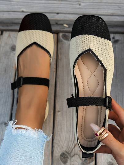 Women's Solid Color Square Toe Flat Loafers, Casual Strap Slip-On Shoes, Fashion Slouchy Shoes
