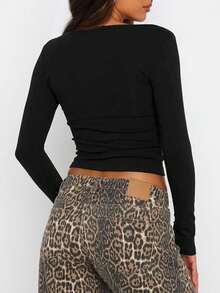 Women Solid Color Button Collar Fitted Long Sleeve Short Fitted Blouse, Versatile Underpiece - Black - View 3