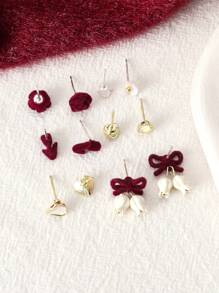 12pcs Fashion Elegant Bowknot & Flocked Flower Earring Set, Weekly Wear For Women, Autumn/Winter