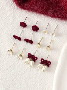 12pcs Fashion Elegant Bowknot & Flocked Flower Earring Set, Weekly Wear For Women, Autumn/Winter