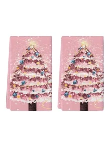 2pcs Pink Christmas Tree Kitchen Towels, Bathroom Hand Towels, Dish Cloths, Kitchen & Dining Table Decor, Seasonal Winter Home, Kitchen & Bath Towel Decorations, Indoor/Outdoor Party Supplies, Room Decor, Suitable For Home Kitchen Decor And Christmas Decoration - Multicolor - View 6