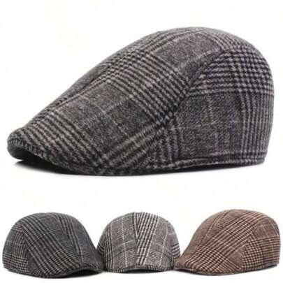 Béret chaud pour hommes en automne/hiver, casquette de type newsboy à carreaux rayés décontractée, casquette plate à chevrons rétro, casquette à visière de style britannique polyvalente