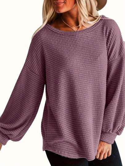 T-shirt ample à manches longues, col rond, couleur unie, pour femmes grande taille