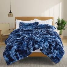 Christmas Gift Super Soft Warm Fluffy Faux Rabbit Plush Comforter Antistatic Bed Blanket , Reversible Sherpa Berber Fleece Comforter Sets Faux Fur Comforter Plush Fuzzy Bed Set , Winter Warm Bedding Sets With 2 Pillow Cases, Queen Or King - 藏蓝色 - 查看 3