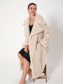 Women Beige Fluffy Long Coat With Contrast Waist Belt - Beige - View 7