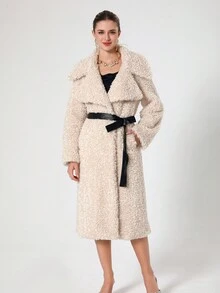 Women Beige Fluffy Long Coat With Contrast Waist Belt - Beige - View 3