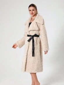 Women Beige Fluffy Long Coat With Contrast Waist Belt - Beige - View 1