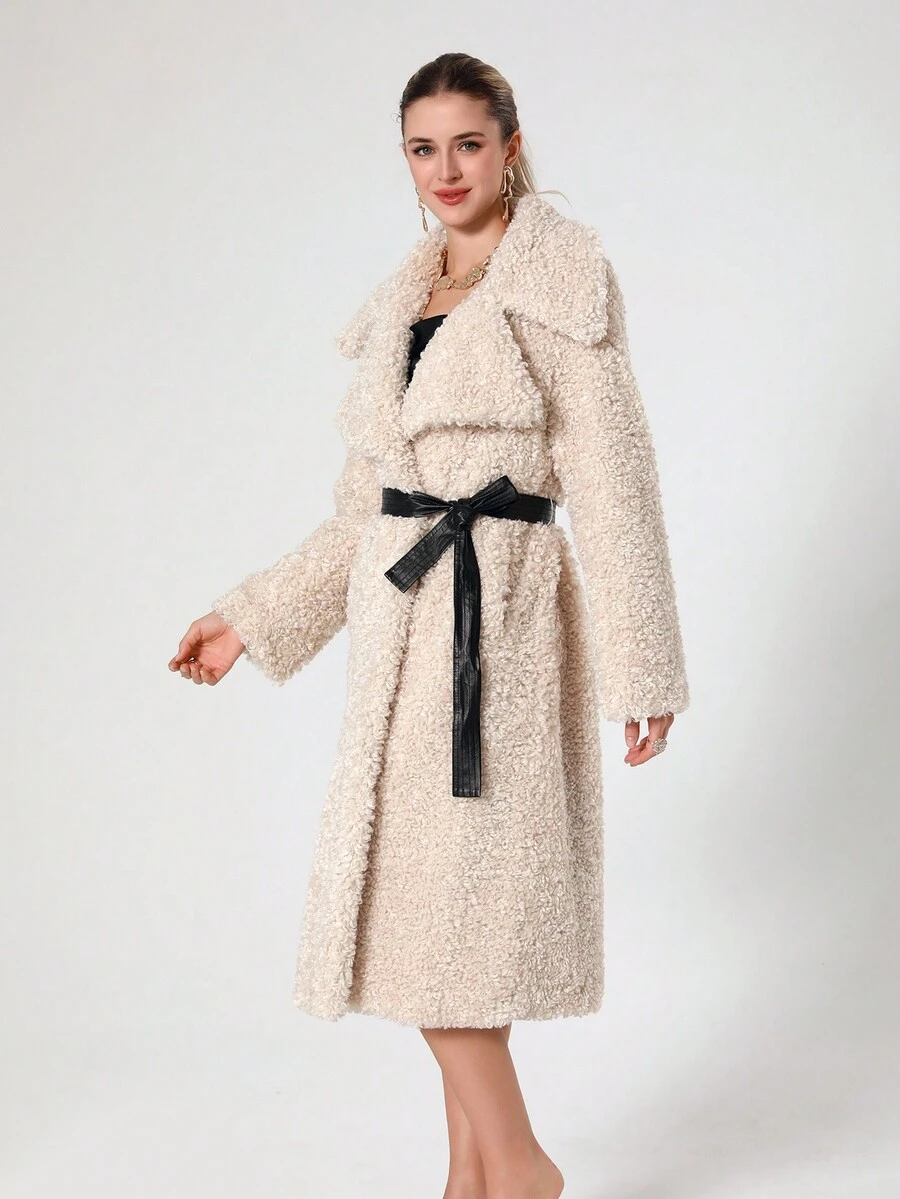 Women Beige Fluffy Long Coat With Contrast Waist Belt - Beige - View 1