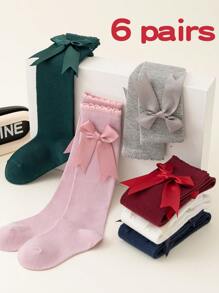 6 双（混合 6 种颜色）女孩手工蝴蝶结蕾丝边公主款及膝袜，红色、深绿色、粉色、白色、灰色、藏青色 - 彩色 - 查看 3