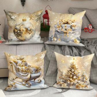 Gold Christmas Throw Pillow Cover, Christmas Gift Sleigh Christmas Tree Christmas Ball Decoration Throw Pillow Cover, Suitable For Living Room Room Patio Sofa Decoration,Christmas