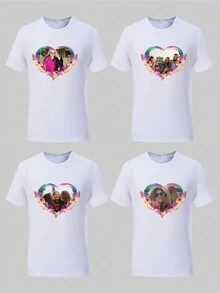 Customized Loose Crew Neck T-Shirt, Custom Print Photo Of Friends/Couples/Family/Pets With Heart Shape, Family Gathering Uniform, Wedding Gift, Mother's Day Gift, Best Friend Gift, Anniversary Gift, Valentine's Day Gift, Gift For Her, Black Top, Autumn Clothes, Women Top - White - View 2