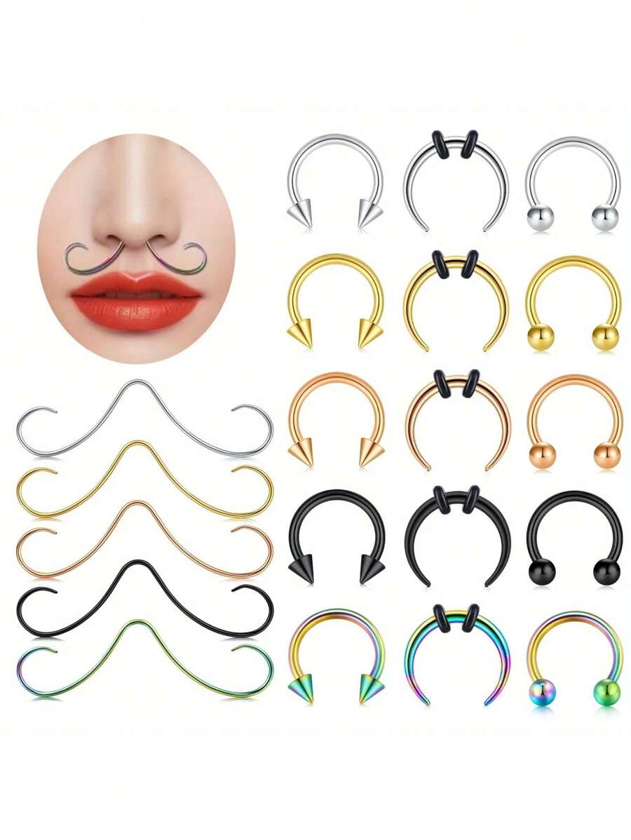 AVYRING 4Pcs Stainless Steel 16G Nose Rings For Women Hip Hop Punk Mustache Septum Fashion Non-Piercing Body Jewelry