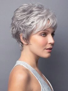 Women's Fashion Natural Fluffy Short Curly Mixed Grey 10-Inch Synthetic Fiber Wig With Side Bangs, Suitable For Daily Wear, Festivals, Costumes, Parties - 彩色 - 查看 1